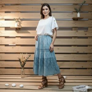 Chic Blue Maxi Skirt with Lace Detailing